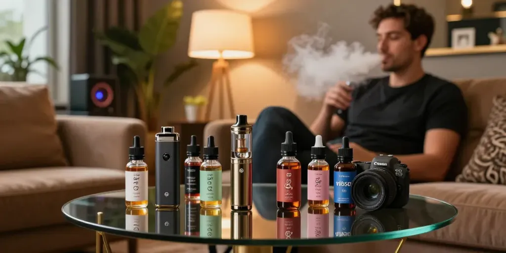 Vaping enthusiast enjoying twist eliquid 120ml in a cozy lounge with elegant devices.