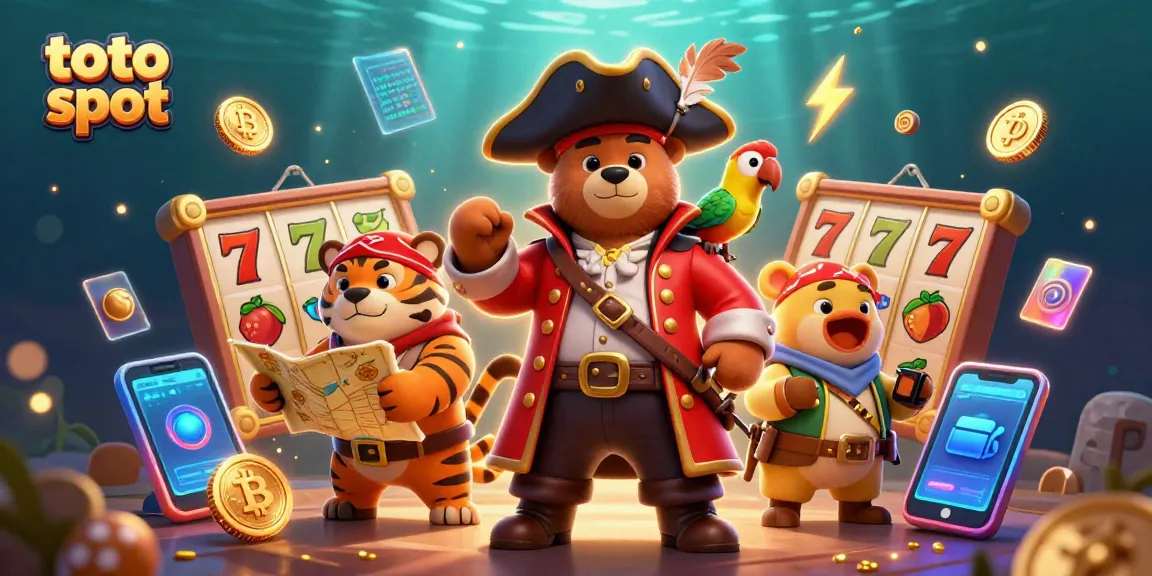 Experience the thrill of toto slot with a cartoon pirate bear and his tiger mate surrounded by vibrant casino elements.