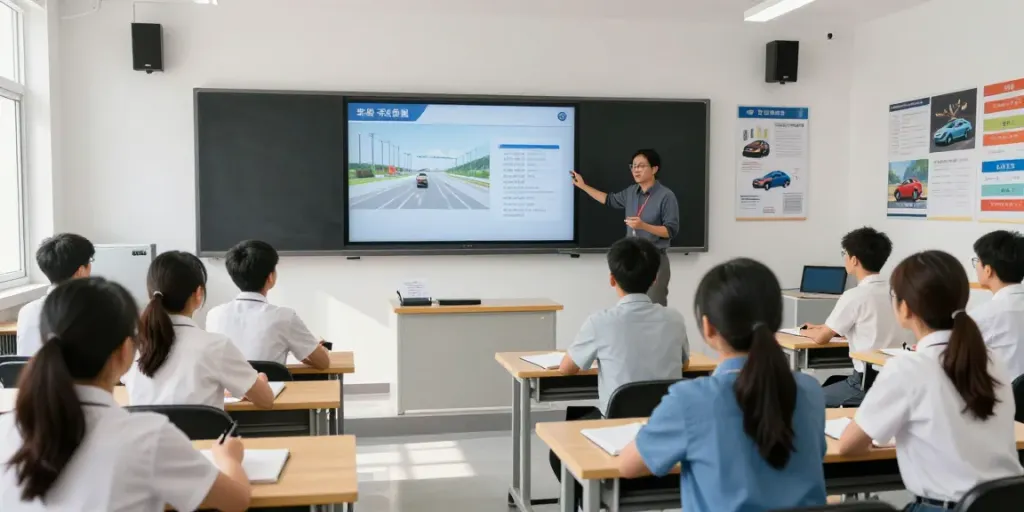 Students engaged in a driving theory class at автошкола кишинев, learning from an experienced instructor.