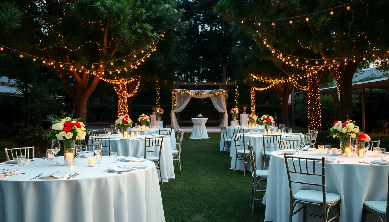 Stunning outdoor setup for Wedding & Event Rentals with elegant tables and floral décor.