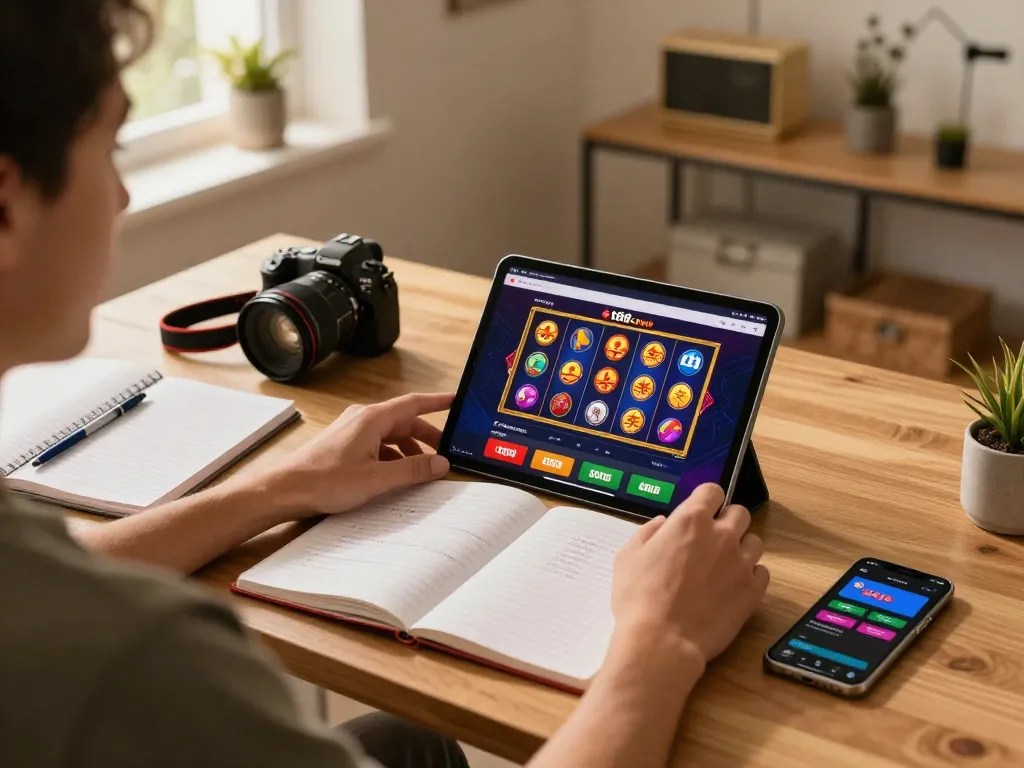 Person enjoys online gaming at tt88 com on tablet, surrounded by strategy notes in cozy home office.