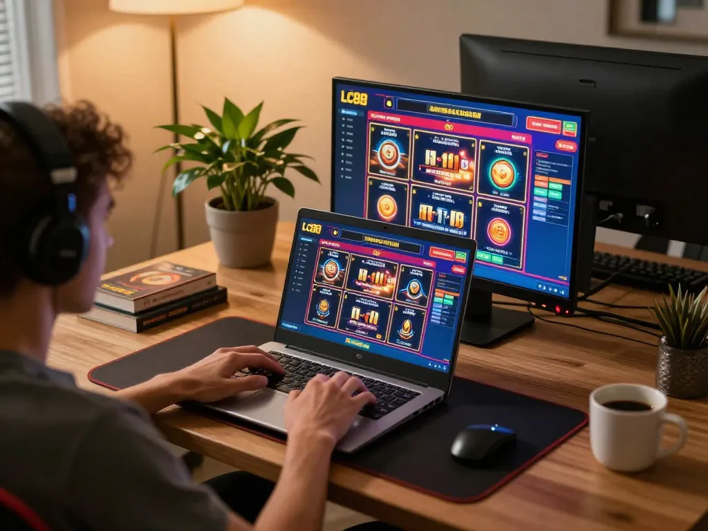 Engaging online gaming session on LC88 com with vibrant screens and cozy ambiance.