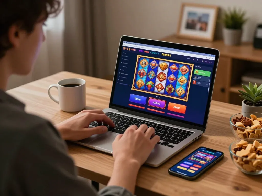 Playing online casino non aams legali on a laptop at home, showcasing gaming strategy and responsible gambling.