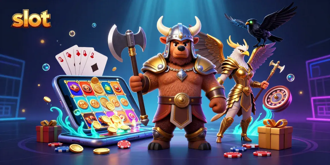 Menang slot dari mesin dengan karakter kartun Viking dan efek mata yang bersinar.