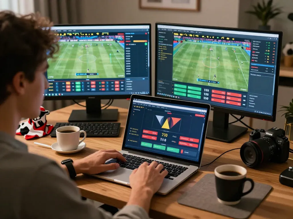 Engaging in live betting on w 88 platform from home workspace, placing strategic wagers with multiple screens visible.