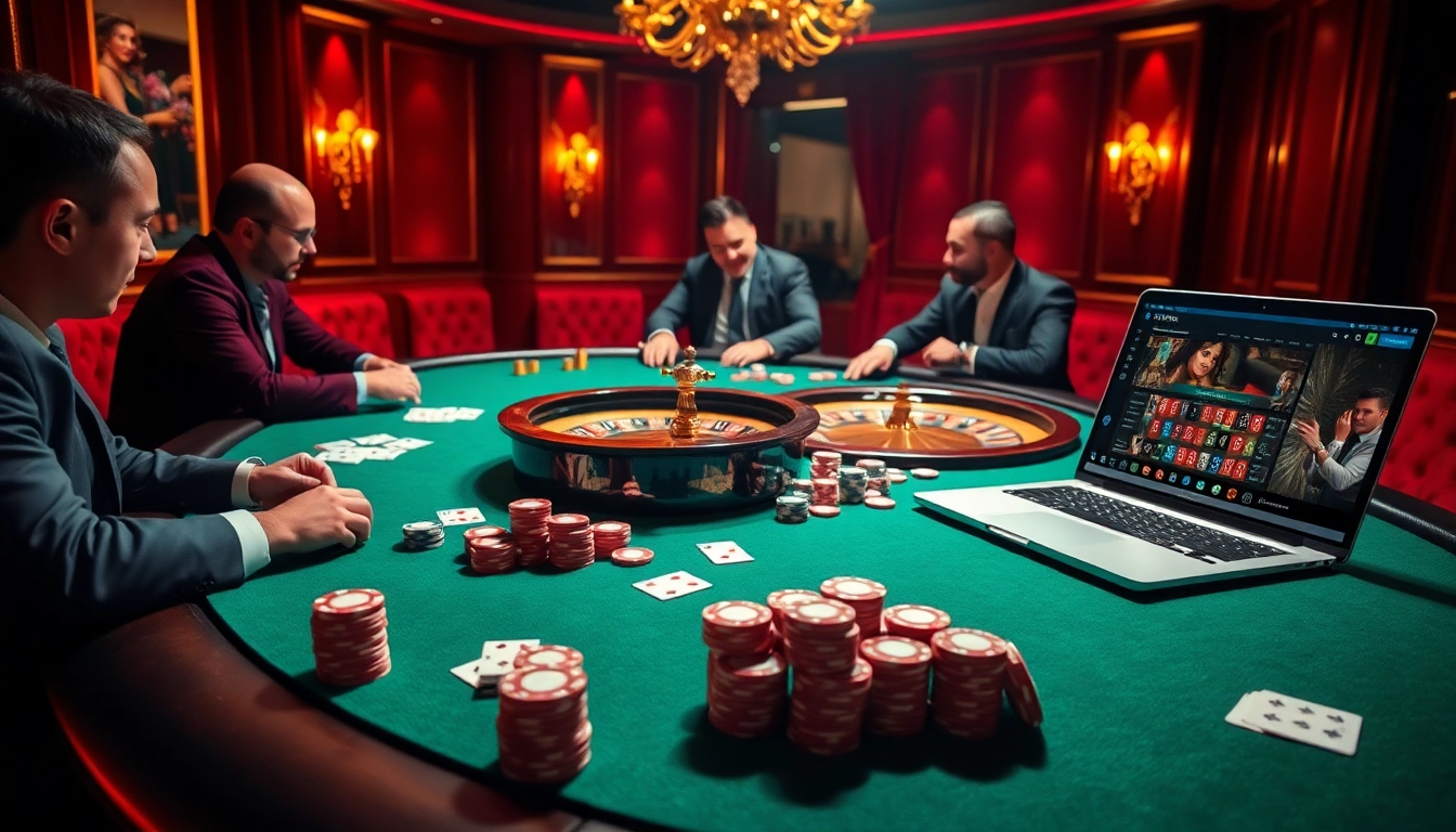 Une scène de jeu de poker à enjeux élevés mettant en avant des éléments de casino en ligne france fiable, présentant des joueurs professionnels, des jetons et un décor luxueux.