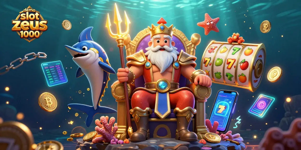 Experience demo slot zeus 1000 with immersive 3D illustration featuring Neptune and vibrant casino elements.
