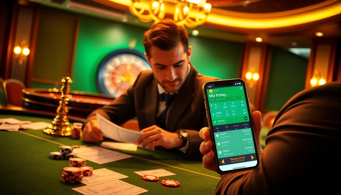 Eager gambler calculating a Mix Parlay bet at an elegant casino table with vibrant betting slips and poker chips.