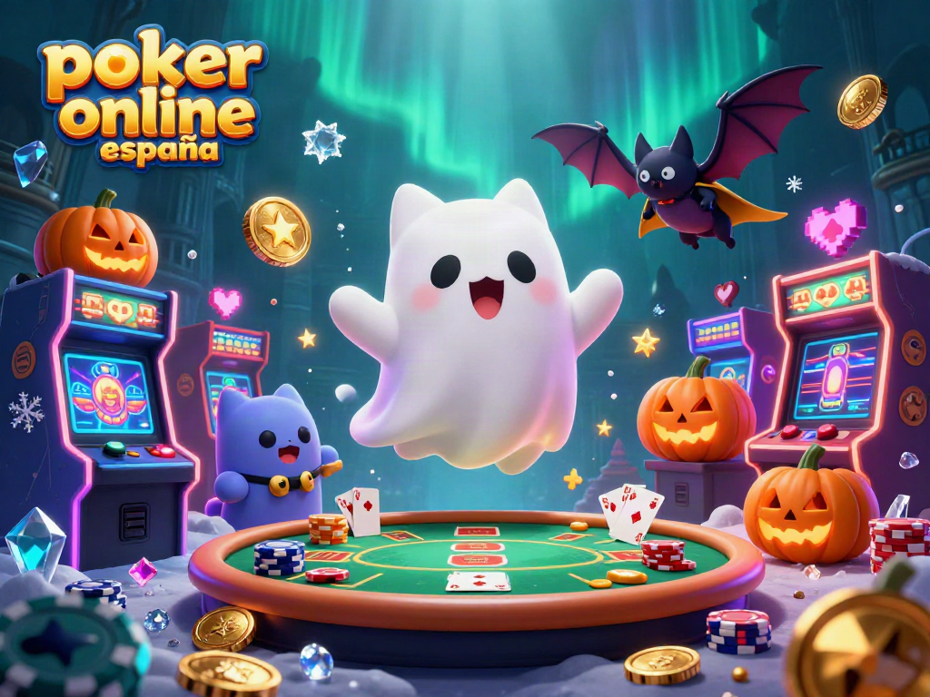 Poker online España: disfruta de una partida vibrante con personajes animados y mesas de póker en un casino encantado.