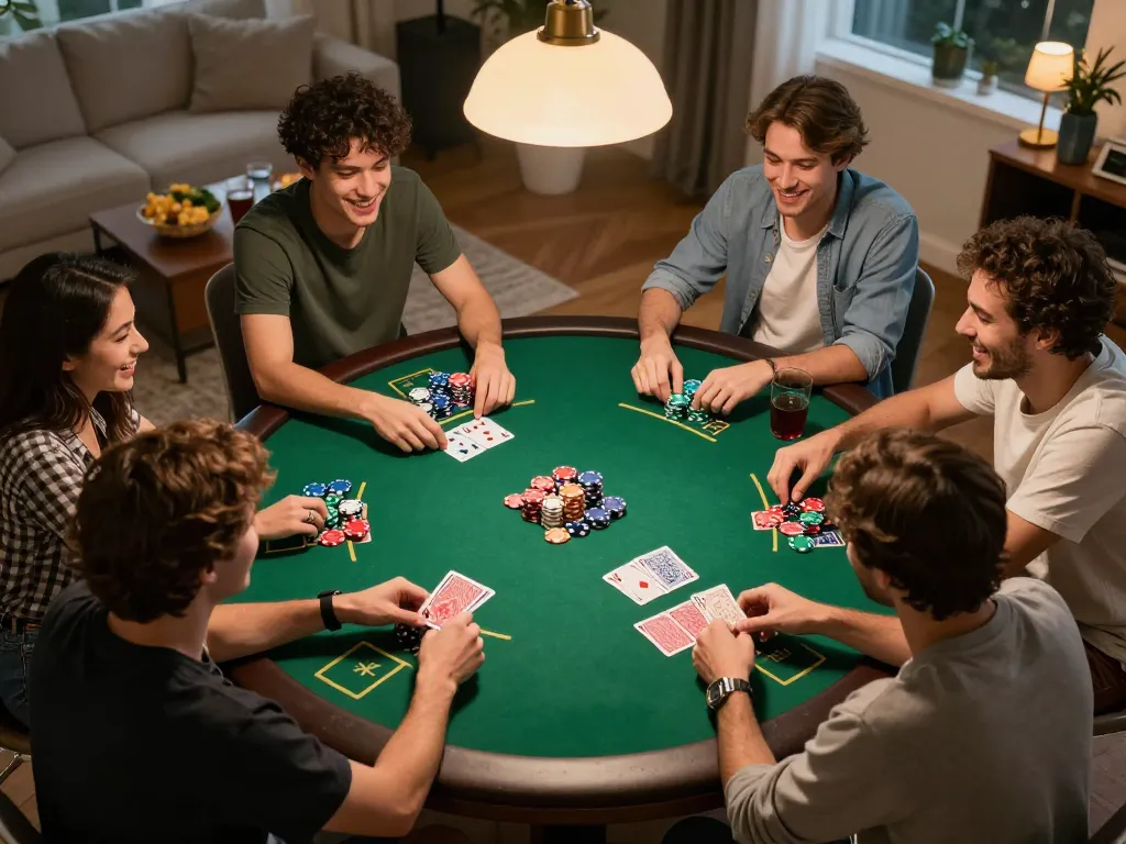 Engaging gameplay scene of friends enjoying poker, showcasing slot gacor gampang menang strategy at home.