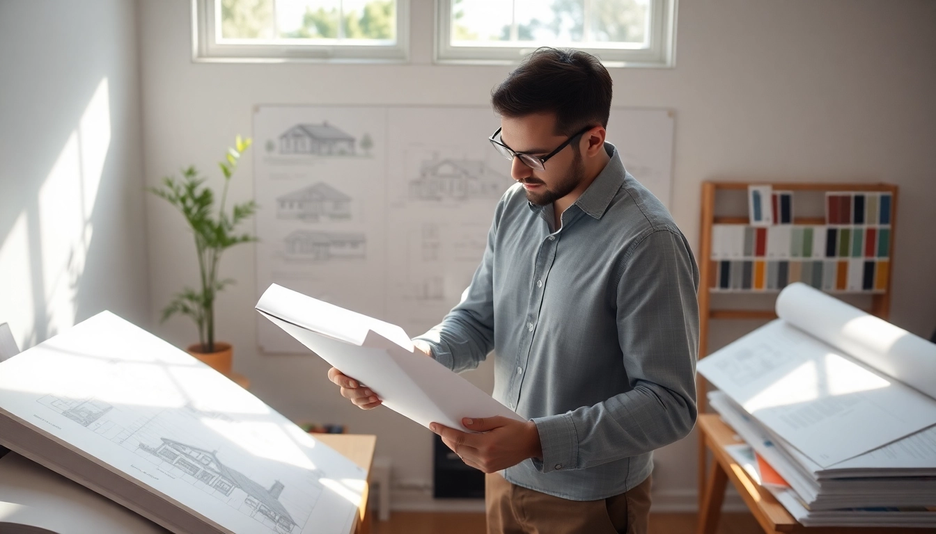 A New England residential architect designing eco-friendly homes in a sunlit studio.
