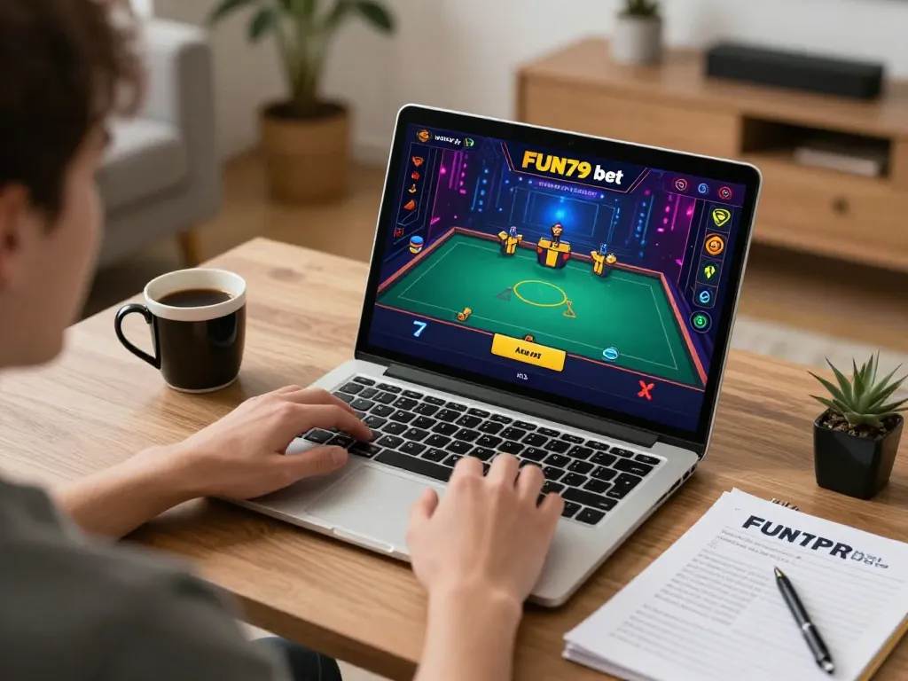 Engaging with FUN79 bet on a laptop during a live dealer game in a cozy home setting.