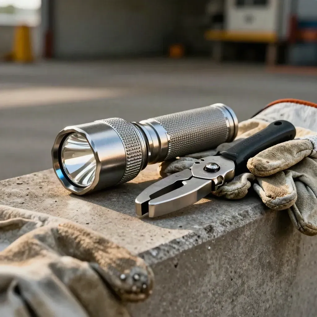 Macro of a dock flashlight, cargo seal cutter and folded gloves on a warehouse ledge