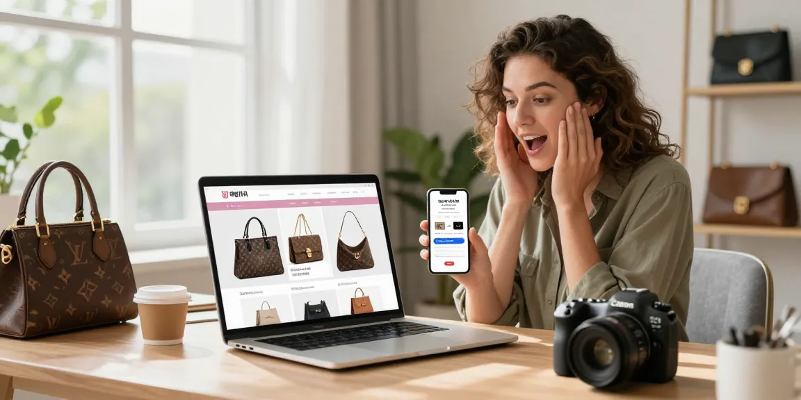 Engaging online shopping moment showcasing luxury 레플리카 items in a stylish home office.