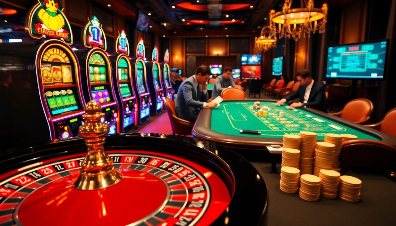 Vivez l'excitation des casinos en ligne en France fiable avec une scène de jeu en ligne captivante mettant en vedette la roulette, des cartes et des lumières vibrantes.