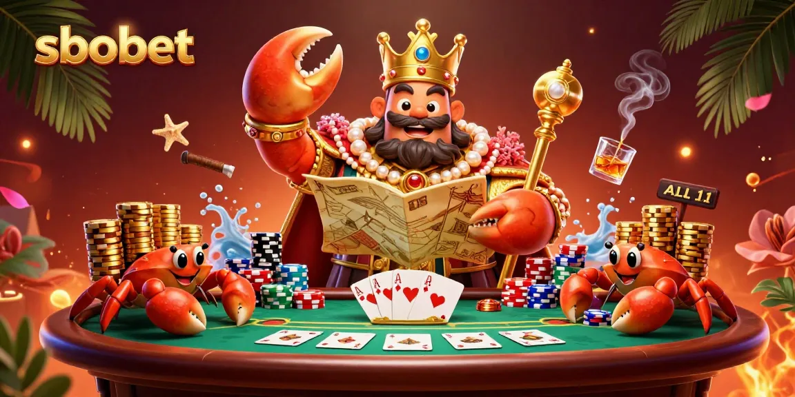 Engage in sbobet betting excitement with a golden crab emperor overseeing dynamic casino action.