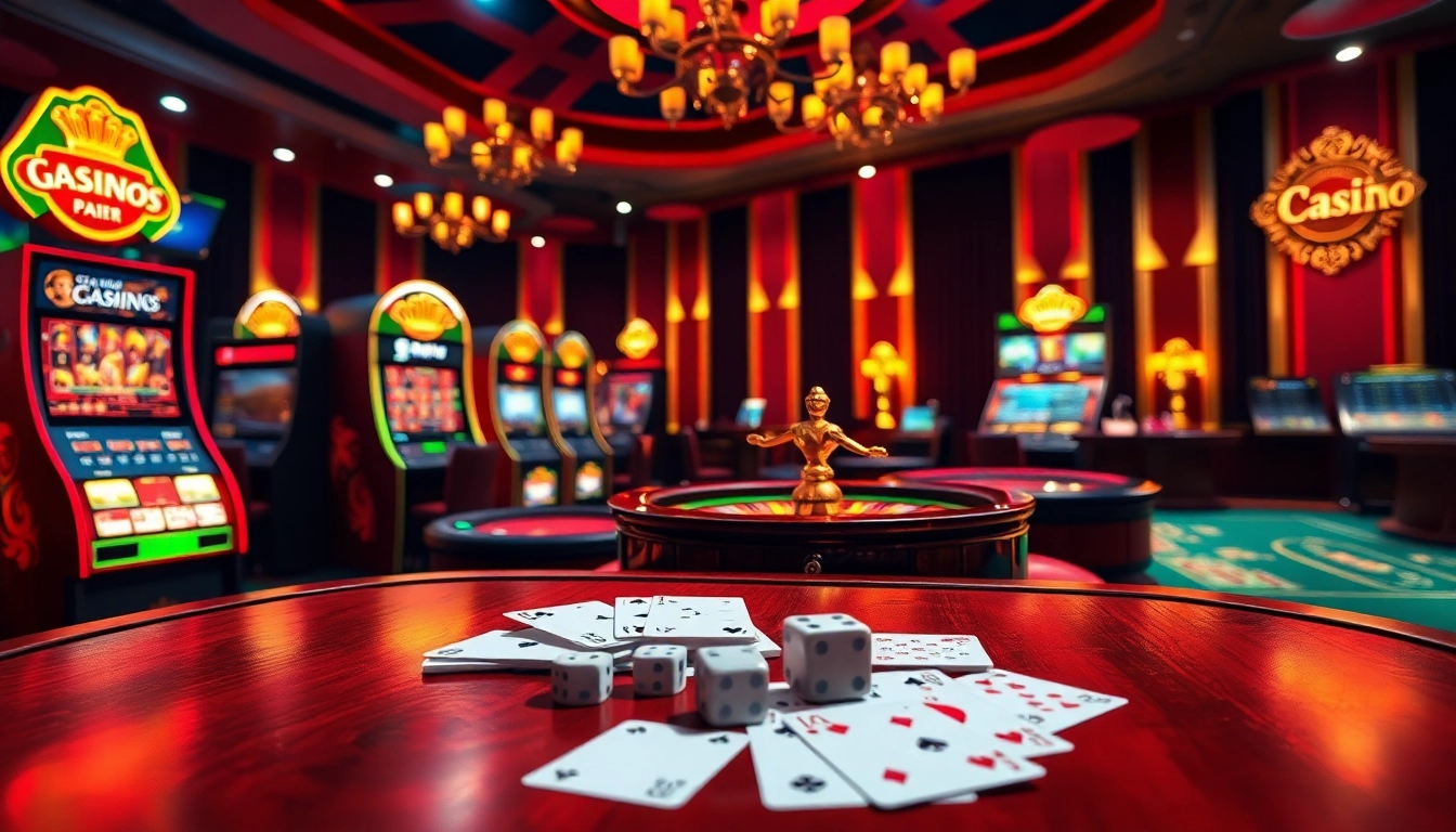 Scène de jeu en ligne captivante dans un casino en ligne France fiable avec des machines à sous vibrantes et des tables de poker.