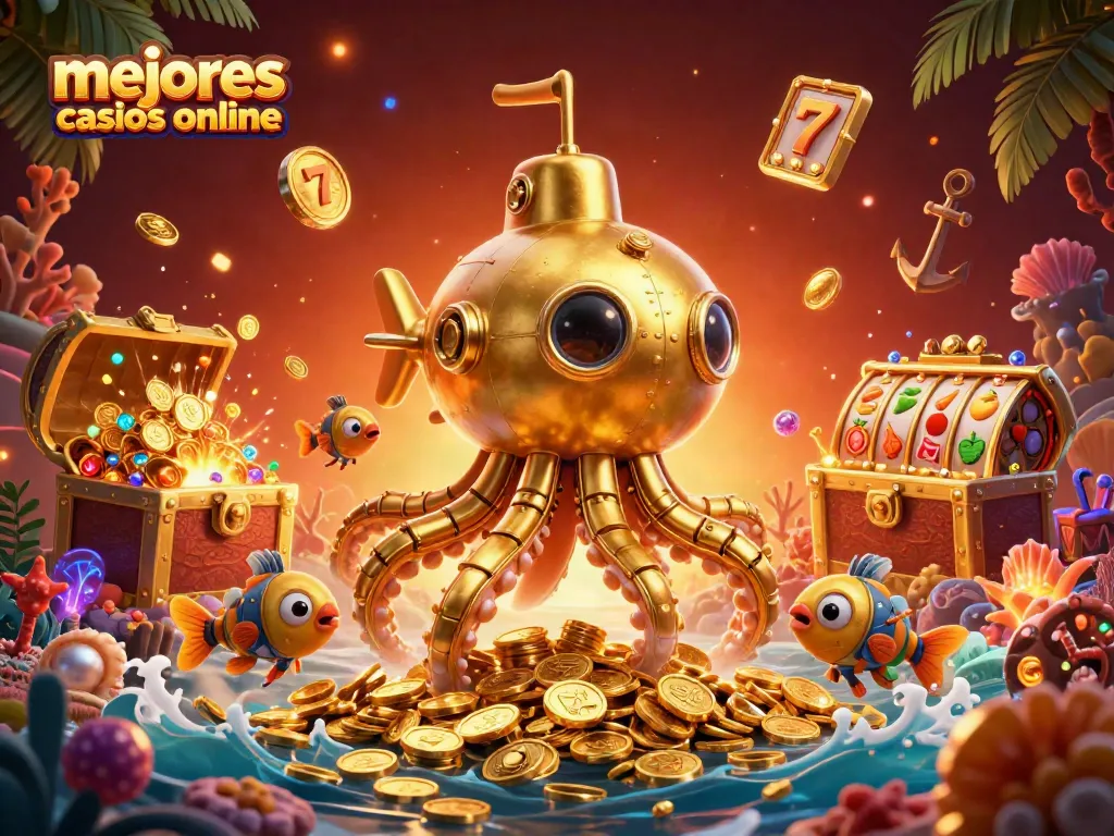 Juega en los mejores casinos online, rodeado de tesoros y símbolos de tragamonedas, en una vibrante ilustración 3D.