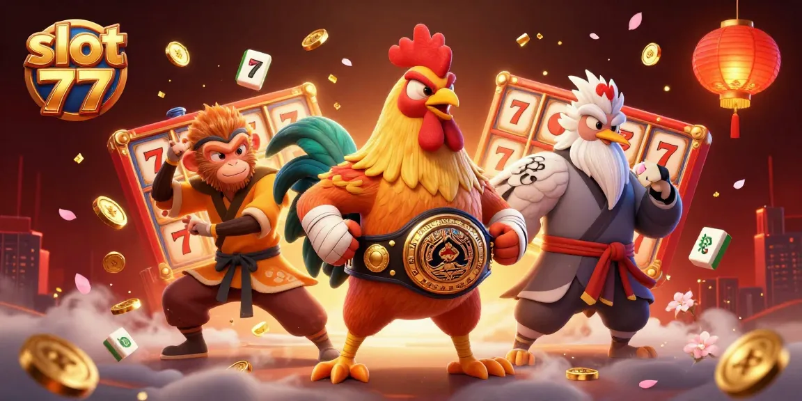 Engage with slot 77's exciting scene featuring dynamic slot reels and vibrant characters.