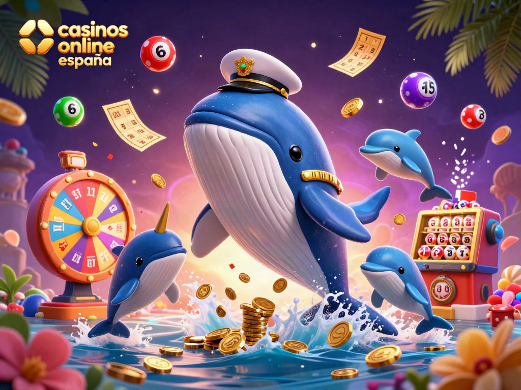 Juega en casinos online España con esta vibrante ilustración 3D que muestra una ballena gigante y elementos de juego.