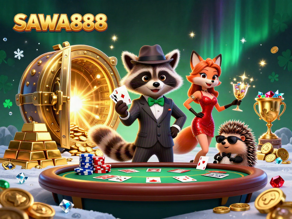 Engage with SAWA888's dynamic casino scene featuring charismatic characters and lively poker elements.
