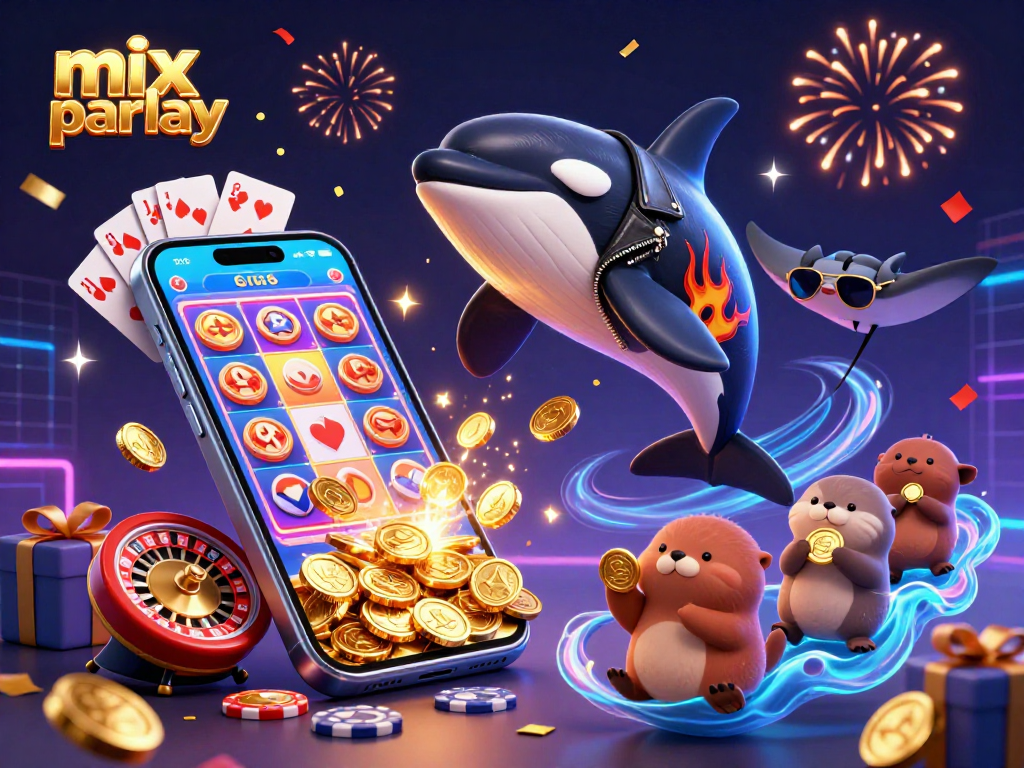 Experience the excitement with mix parlay in this vibrant casino-themed 3D illustration featuring dynamic characters and vivid gambling elements.