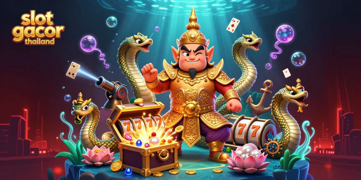 Experience slot gacor thailand with friendly Thai temple guardian and Naga serpents surrounded by exciting gaming elements.