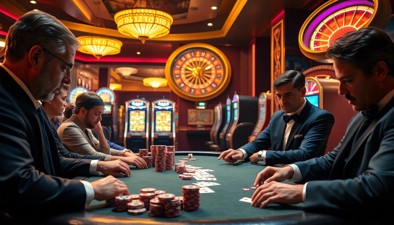 Người chơi tập trung chiến lược tại bàn poker, có yếu tố cg 79, khi các máy đánh bạc đầy màu sắc chiếu sáng casino.