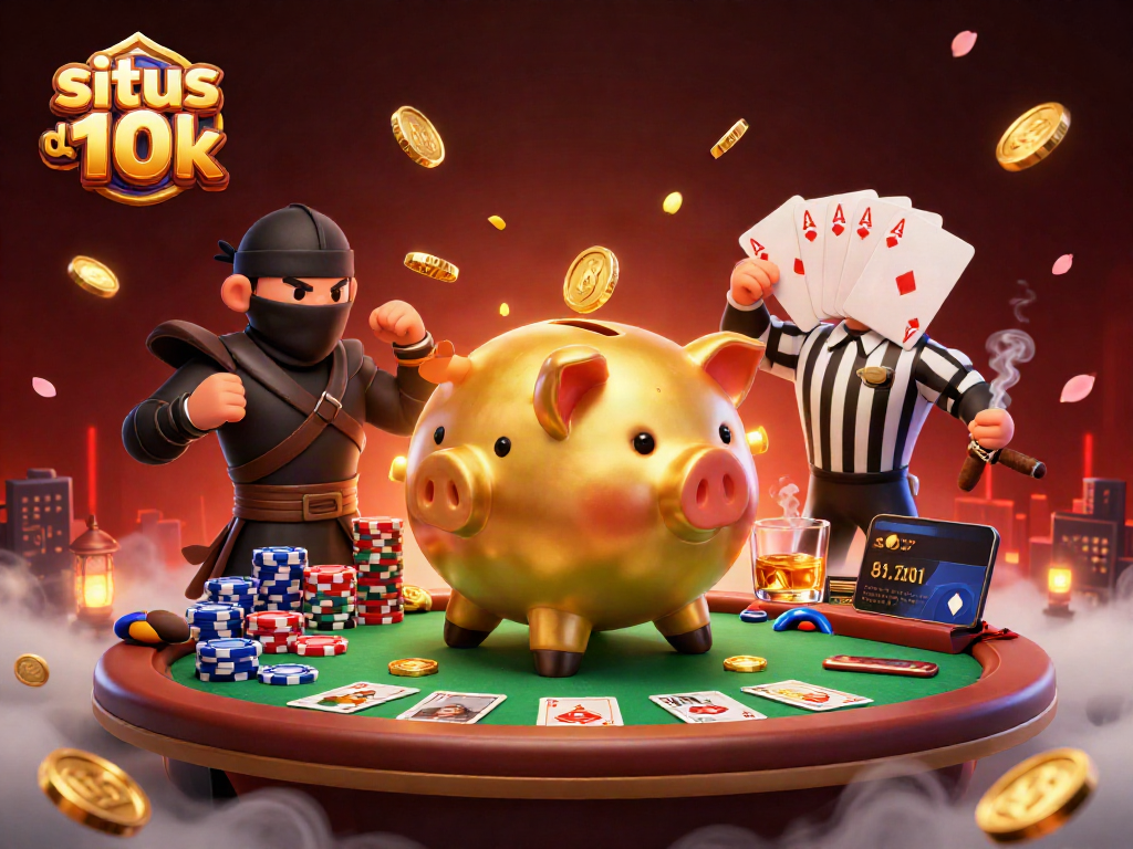 Situs depo 10k showcases a dynamic scene with a golden piggy bank sumo wrestler amid poker chips and glowing lights.