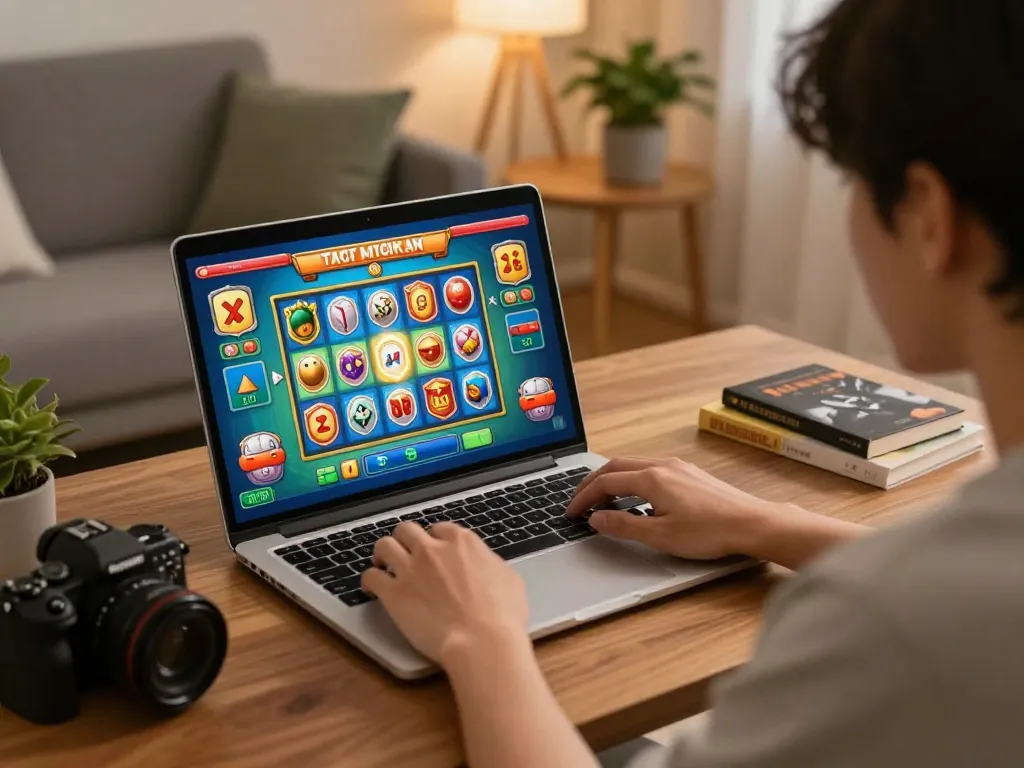Engaged player enjoying slot mahjong on a laptop, showcasing vibrant game graphics and home environment.