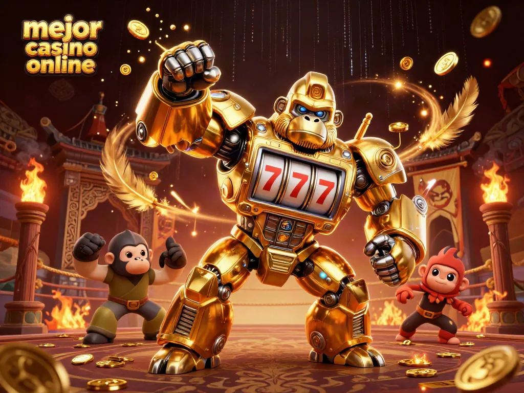 Explora el mejor casino online mientras un gorila mecánico de casino lanza monedas en un fondo deslumbrante.