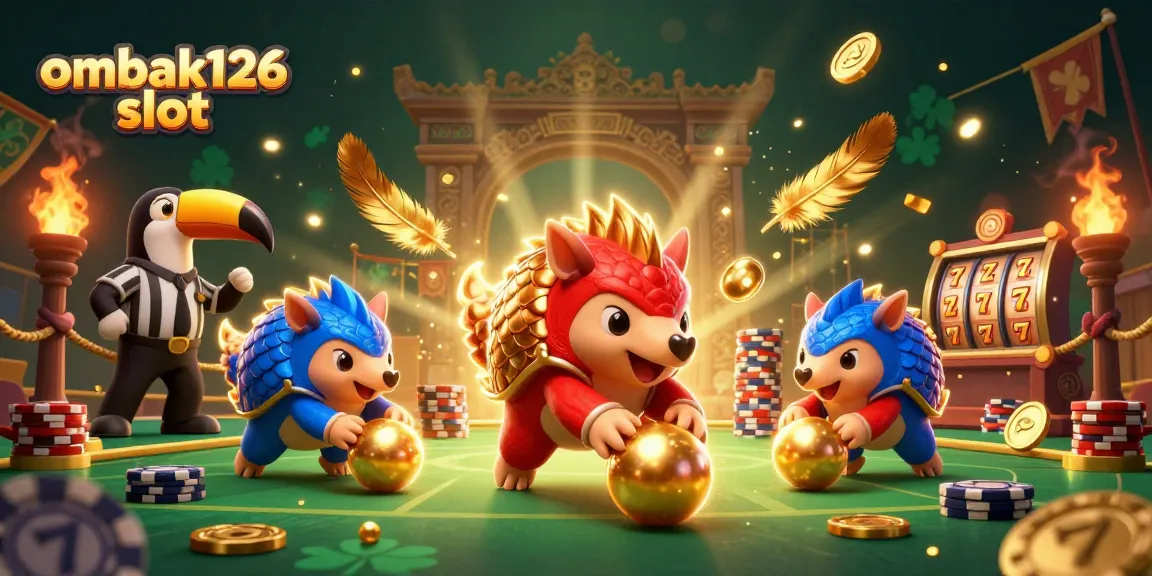 Bowling pangolins and slot reels in ombak126 slot action at a dazzling casino.