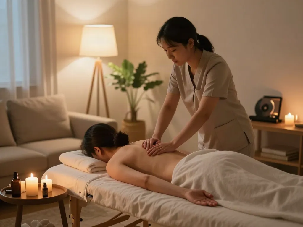 Relaxing home setting showcasing a professional providing 연신내출장마사지 therapy, creating a serene atmosphere.