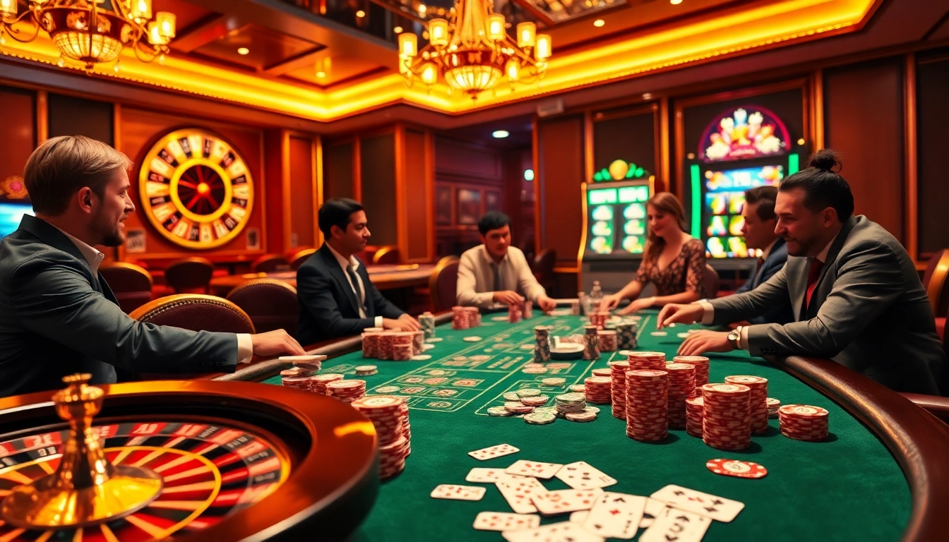 Players experiencing high-stakes action at a poker table with a lively atmosphere, focusing on depo 5k betting opportunities.