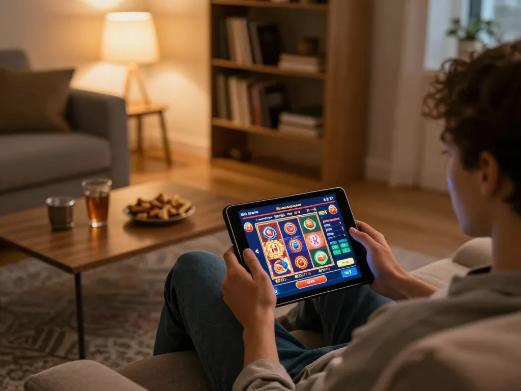 Enjoying casino online gratis senza registrazione on a tablet, vibrant gaming scene with snacks and drinks.