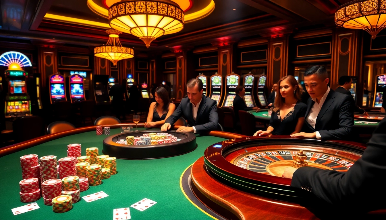 Cette image de casino dynamique met en avant une scène excitante avec des options de jeu flexibles pour un casino en ligne France fiable, mettant en vedette des jetons colorés et un gameplay intense.