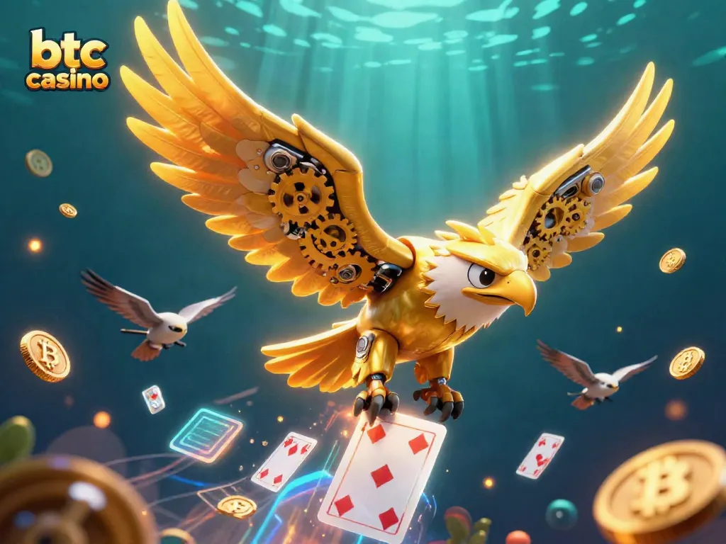 Gioca nei migliori btc casino con un'aquila dorata futuristica circondata da monete e giochi di azzardo.