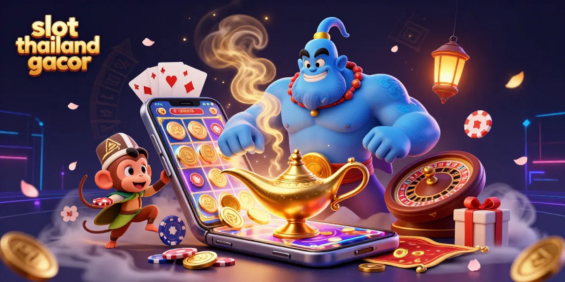 Spin the reels with slot thailand gacor in this vibrant, dynamic casino scene featuring a genie and playful characters.