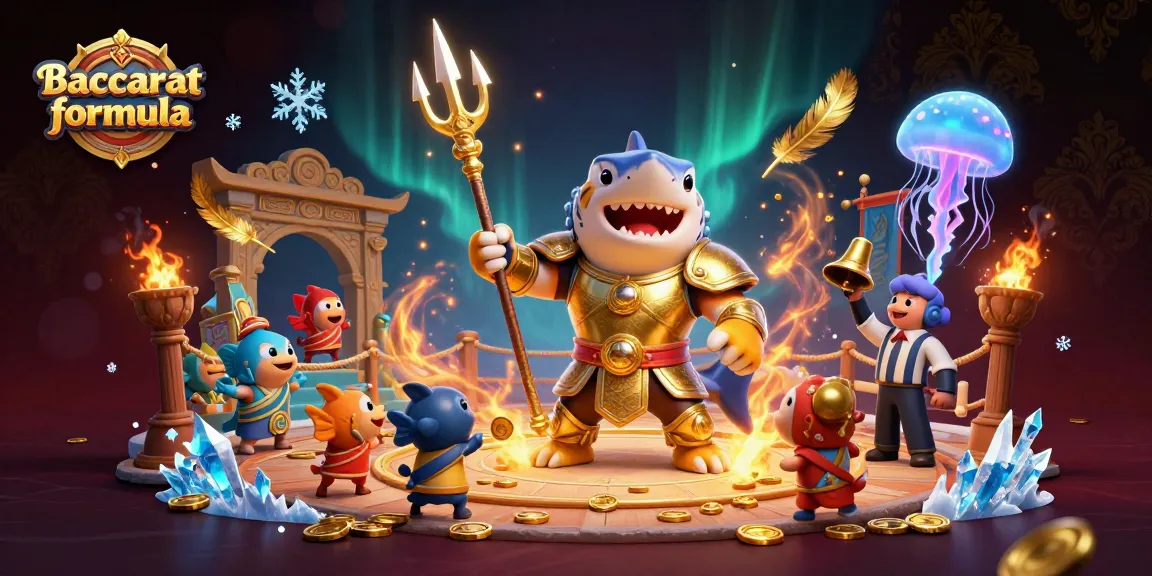 Experience the Baccarat formula with thrilling underwater battles featuring a tiger shark in gladiator armor amidst golden coins and vibrant colors.