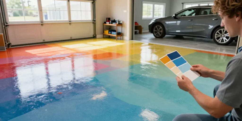 ElevateEpoxyFlooring.com displays a modern garage with vibrant epoxy flooring and a homeowner admiring the sleek finish.
