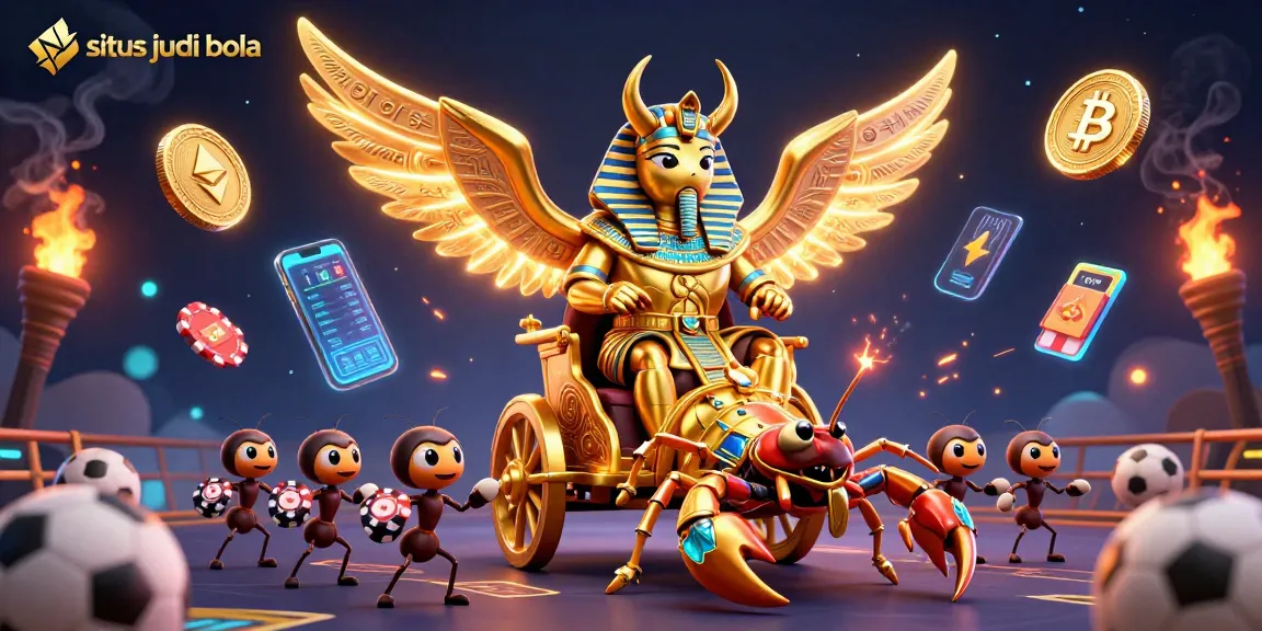 Engage with situs judi bola through this energizing scene showcasing a golden scarab beetle and scorpions among sports betting elements.