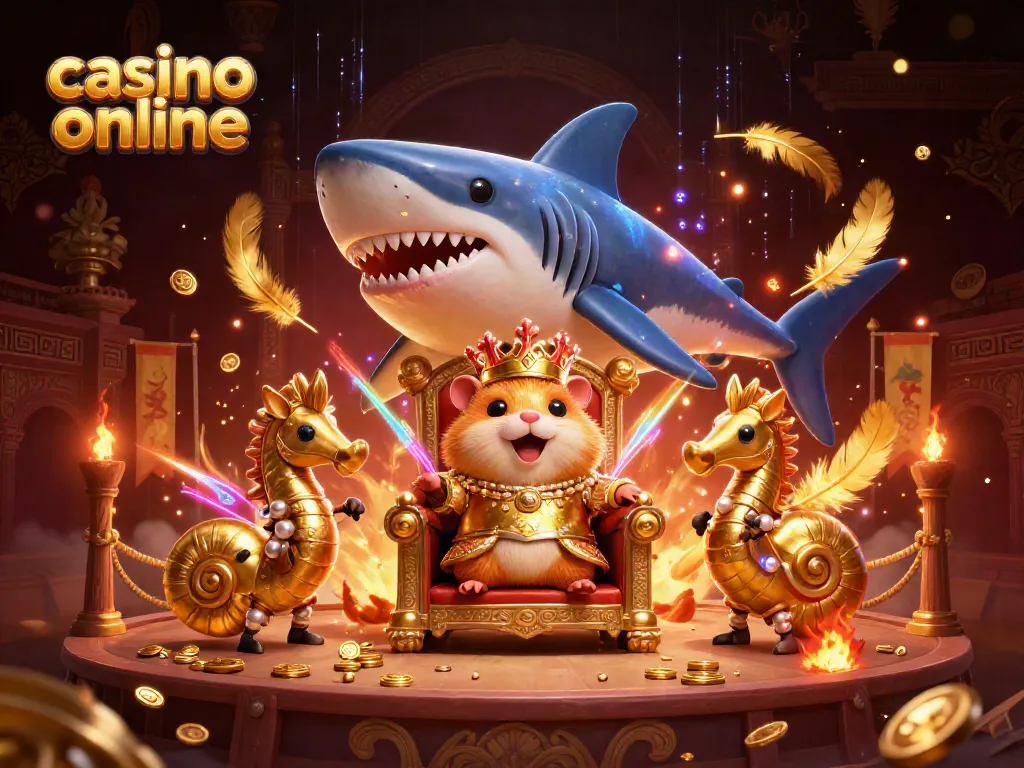 Juega en un casino online mientras un rey hámster dorado en un trono de diente de tiburón dirige la acción.
