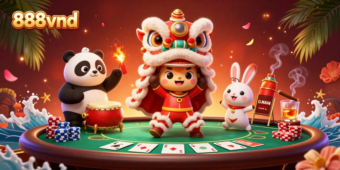 Engage in thrilling poker action at 888vnd with dynamic characters dancing and playing cards.