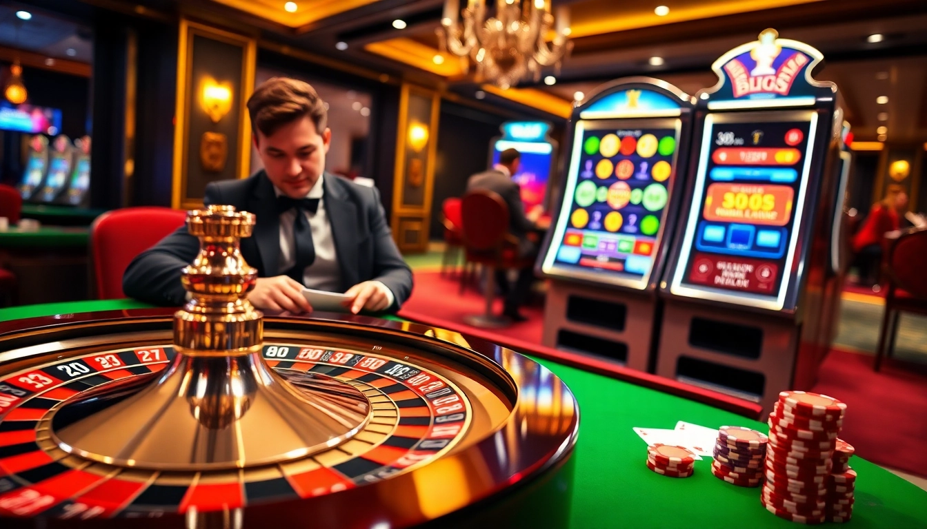 La scène vibrante d'un casino en ligne France fiable mets en avant une roulette et une machine à sous, dégagement d'excitation et de luxe.