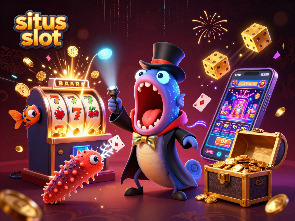 Situs slot menampilkan ikan gulper, ikan pemancing, dan mentimun laut bersama mesin slot yang meledak dengan koin emas.