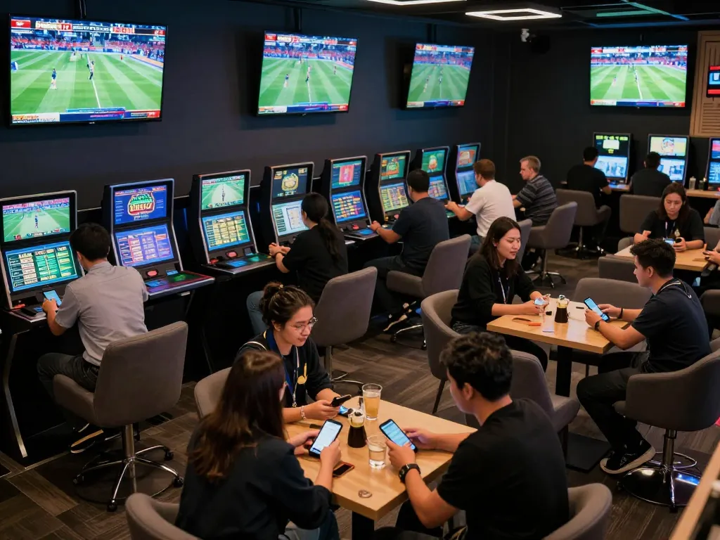 Engaged bettors enjoying a lively sports betting experience at bookmakers stranieri, surrounded by screens displaying live matches.