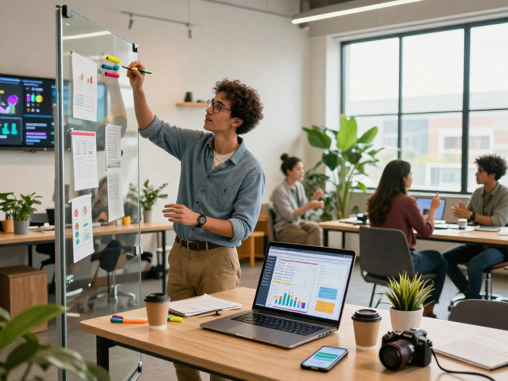 Marketing strategist crush on creative ideas in vibrant workspace with interactive tools.
