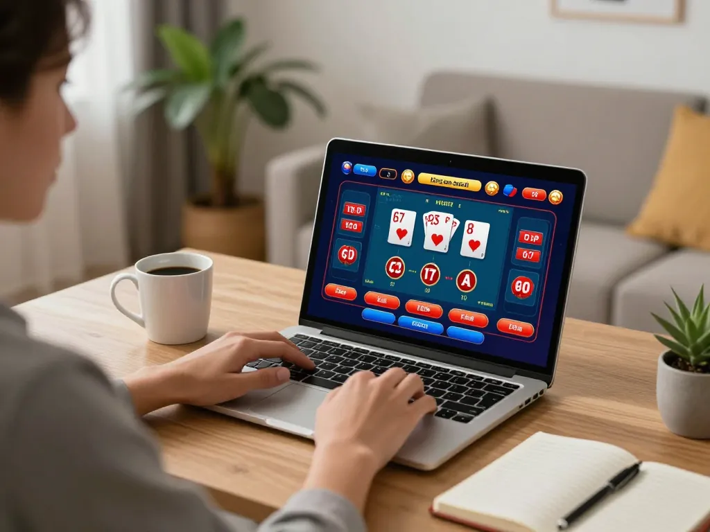 Playing casino online stranieri sicuri from home with laptop showing poker game and betting strategy notes.