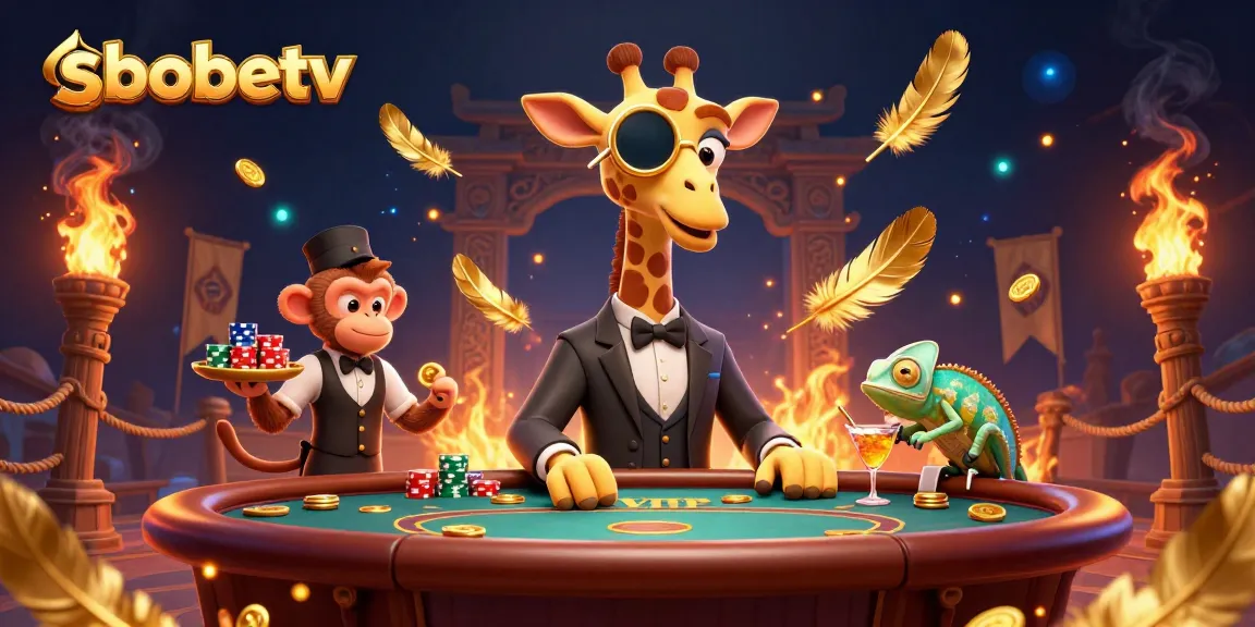 Experience sbobetv with a high-roller giraffe at a VIP poker table amidst a vibrant casino atmosphere.
