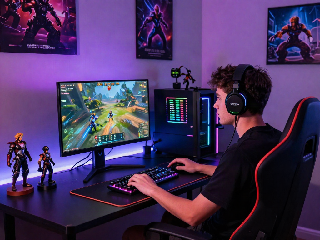 Gaming setup showcasing a player engaged with rokok88 rtp statistics in a vibrant modern home office.